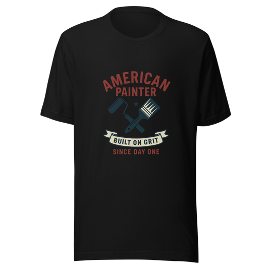 Black t-shirt with 'American Painter' graphic and text on a white background