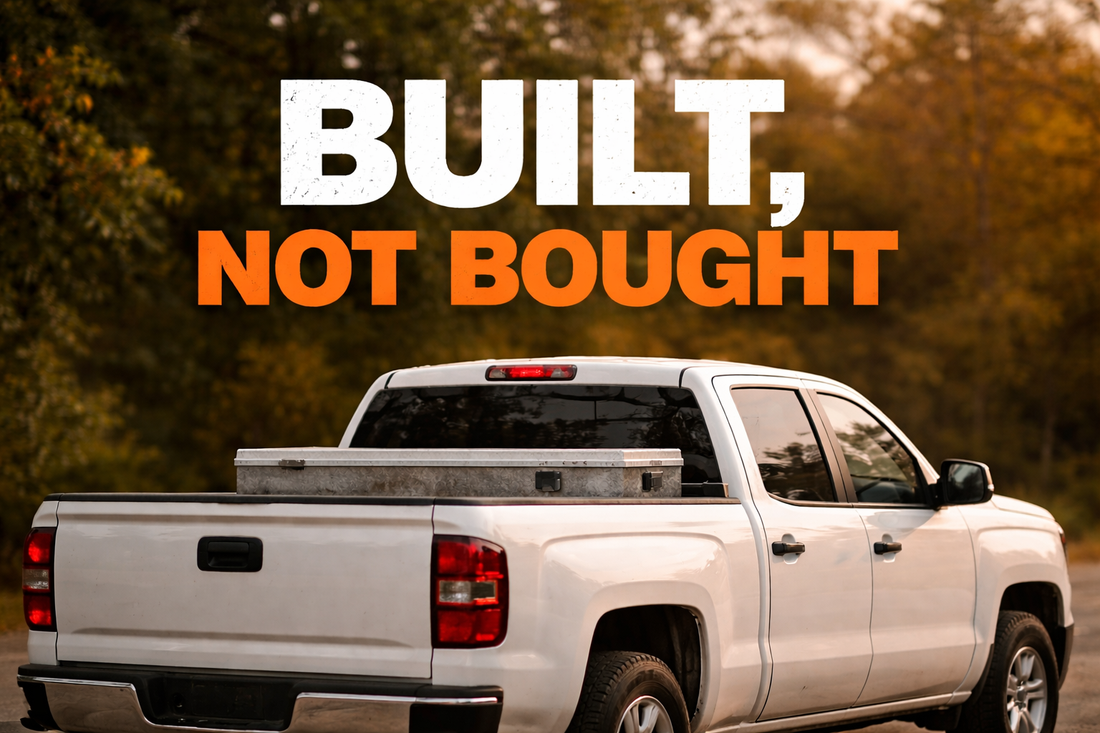 Clean white pickup truck parked outdoors with bold “Built, Not Bought” text overlay, symbolizing hard work, blue-collar pride, and the tradesman work ethic.