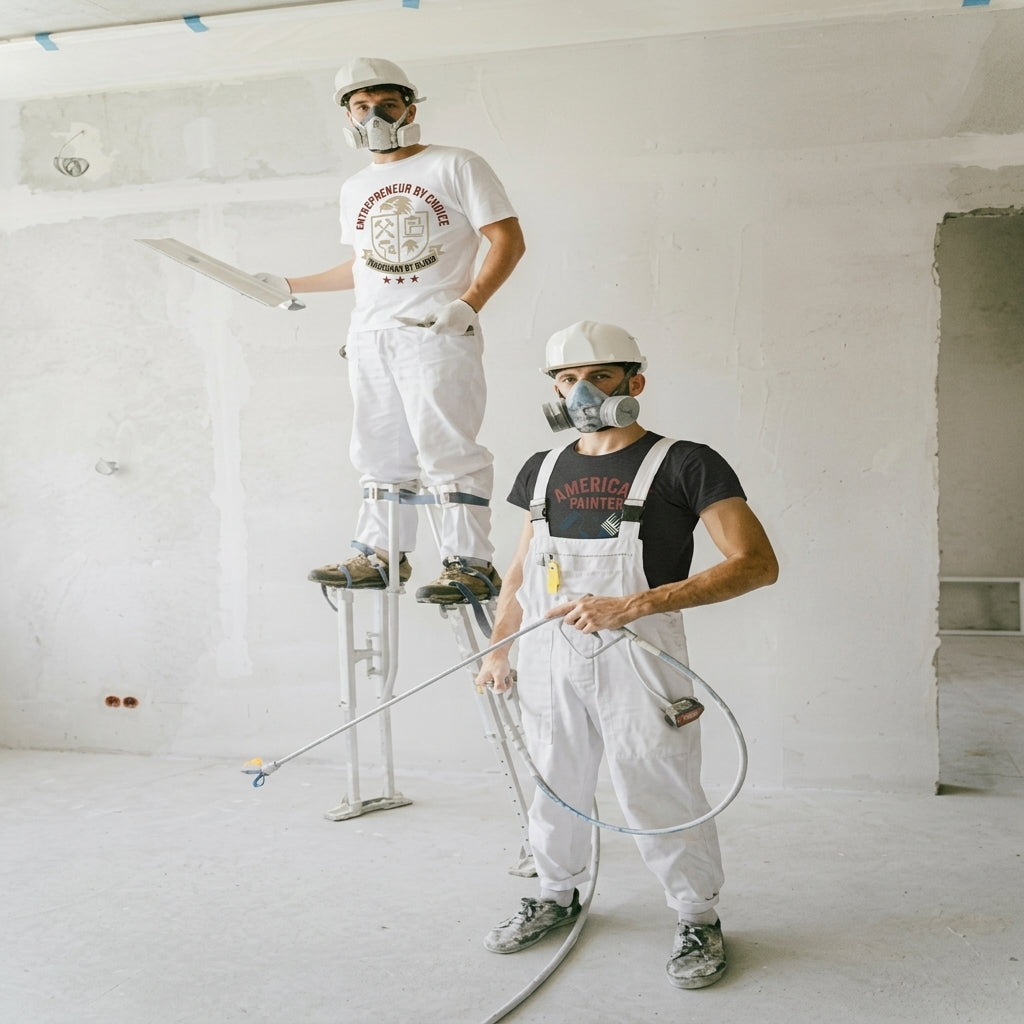 Two painters wearing t-shirts, entrepreneur by choice tradesmen by blood and American Painter t-shirt.