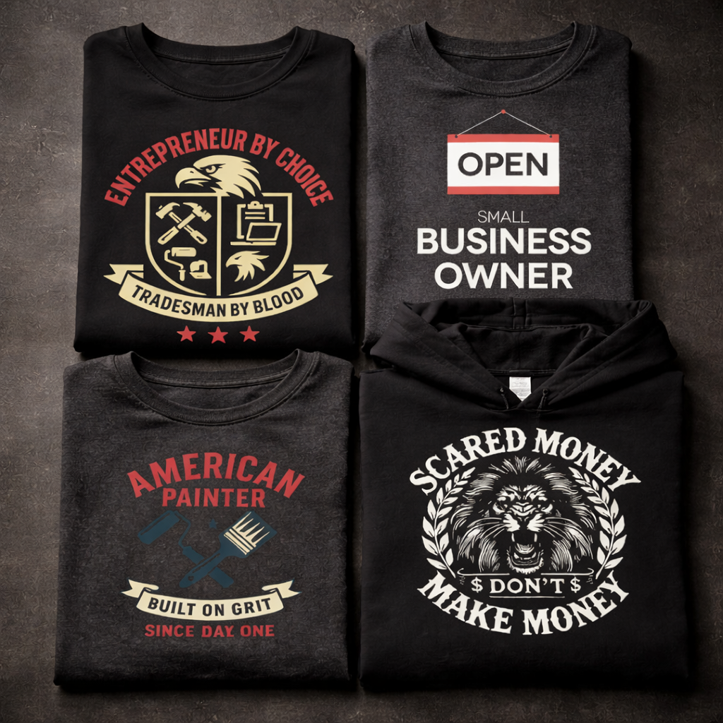 Blue collar work ethic graphic t shirts and hoodie collection flat lay on dark surface