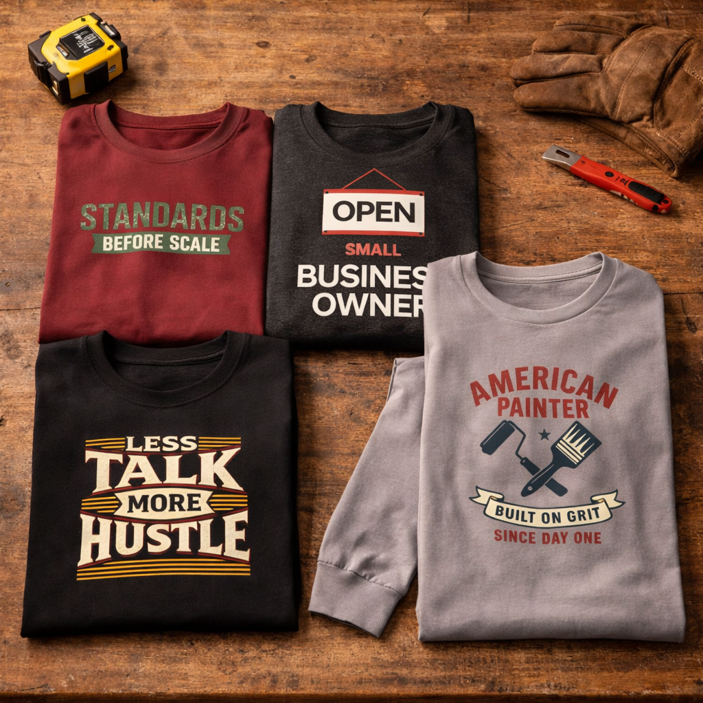 Blue collar entrepreneur graphic apparel flat lay on wooden workbench with tape measure and work gloves