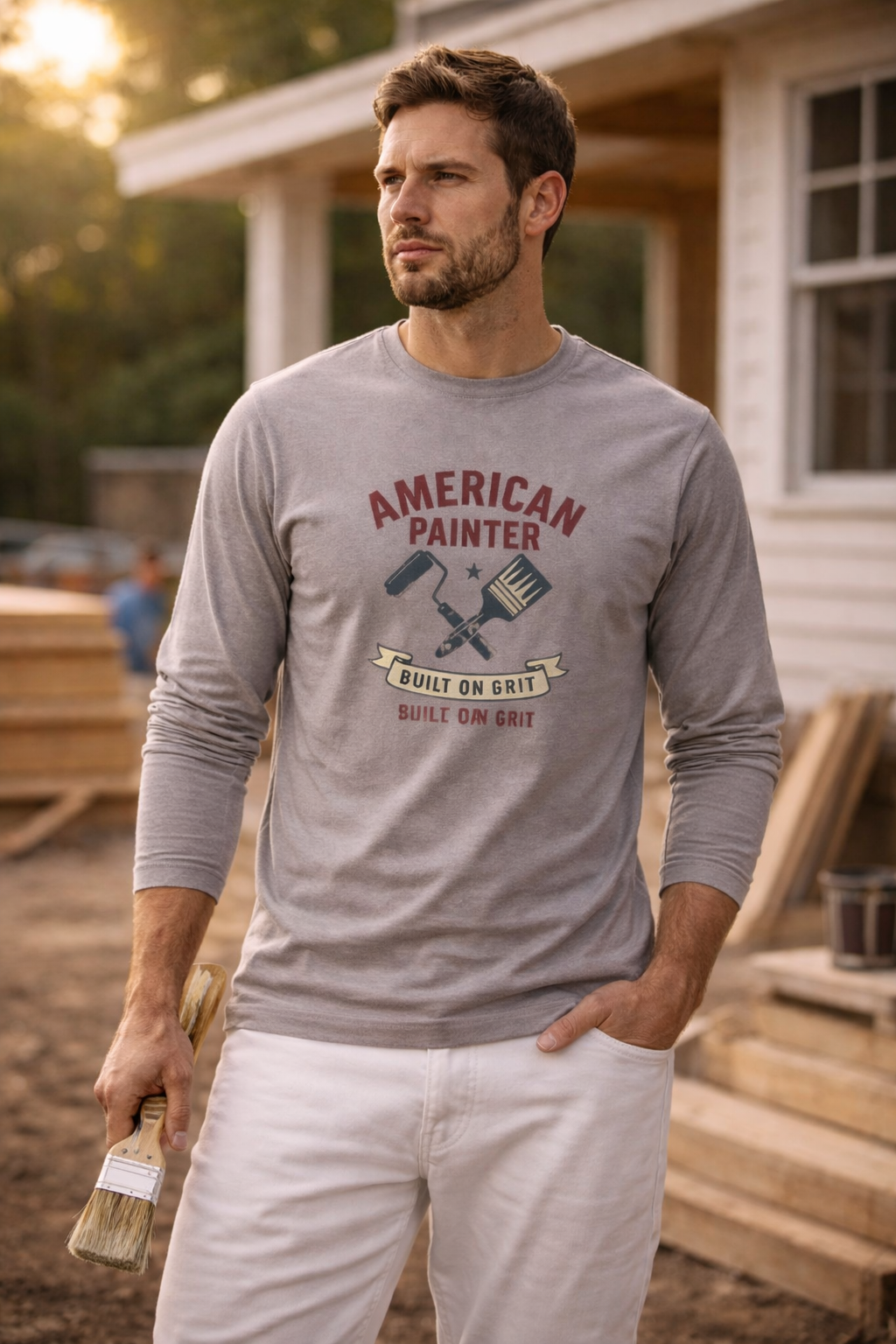 American painter wearing graphic long sleeve shirt and white painter pants holding paint brush on residential jobsite