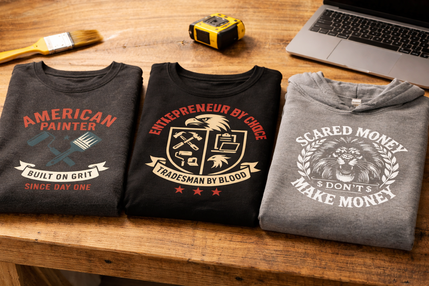 American Painter and Entrepreneur by Choice shirts with Scared Money hoodie folded on rustic workbench with paintbrush tape measure and laptop