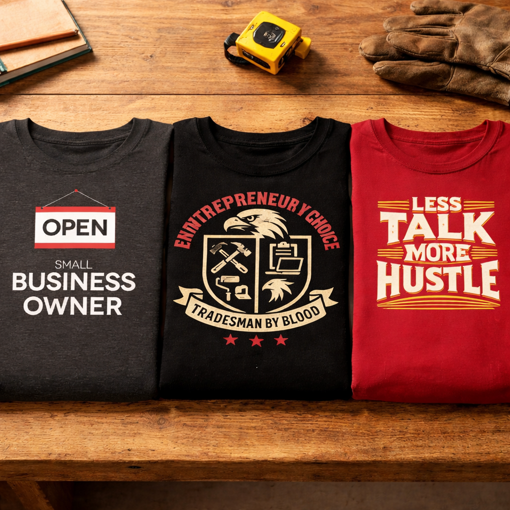 Blue collar entrepreneur graphic t shirts laid flat on wooden workbench with tape measure and work gloves