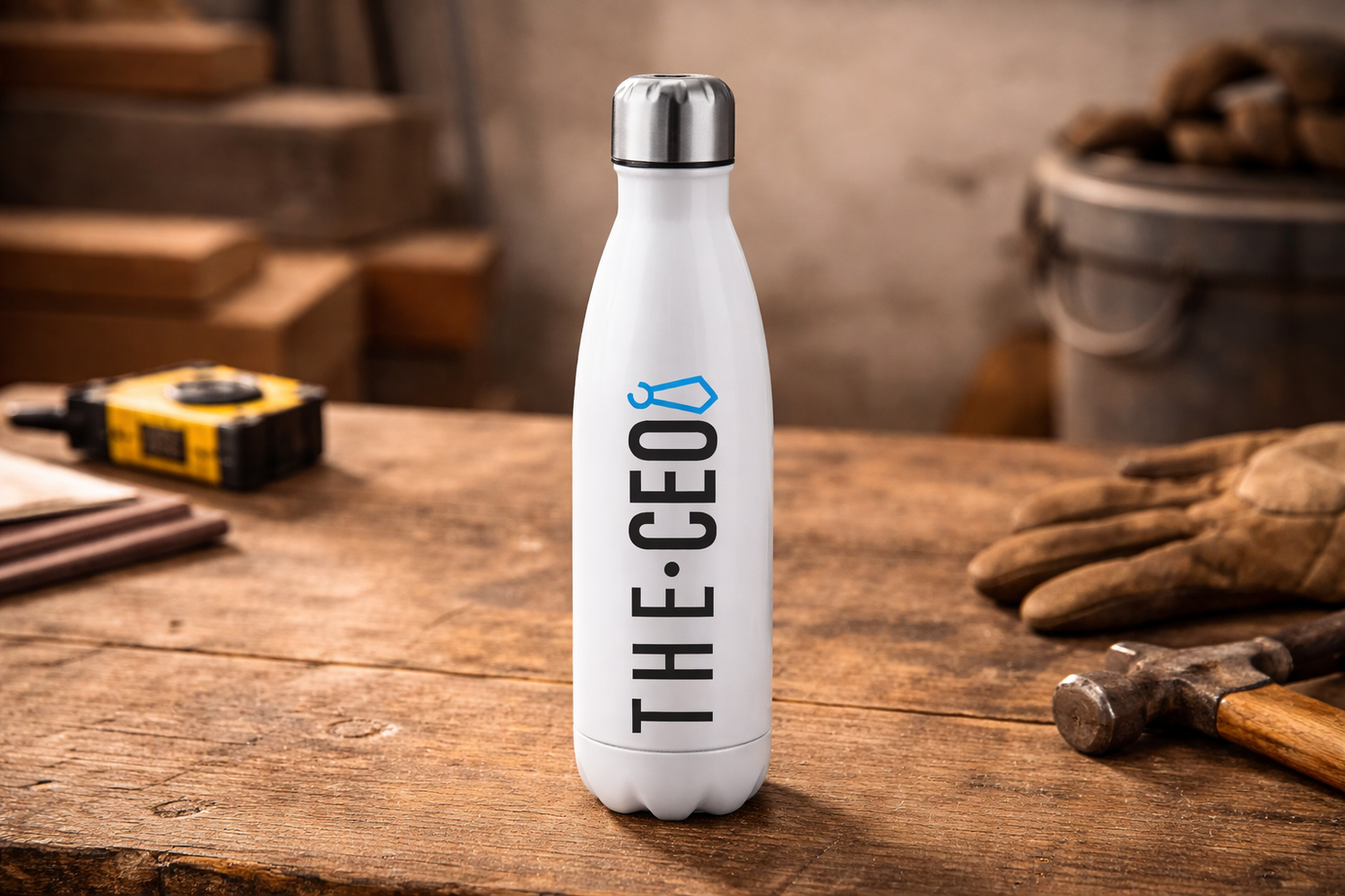 Stainless steel insulated water bottle on rustic garage workbench with tools in background