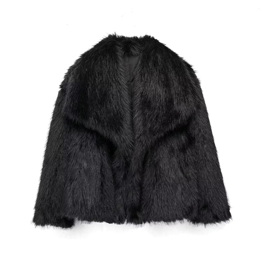 Women’s black faux fur coat with soft texture and relaxed fit