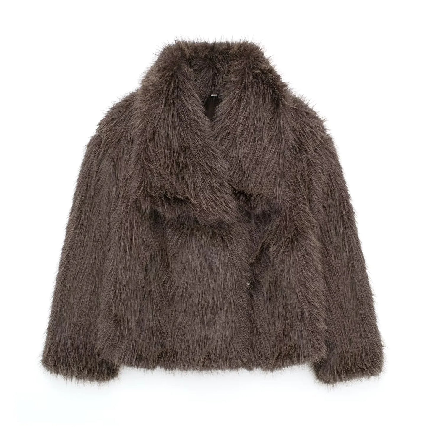 Brown women’s faux fur jacket with wide collar