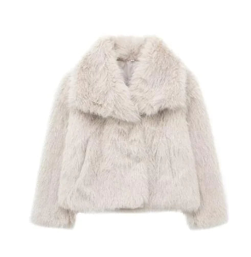 Light beige women’s faux fur coat with wide collar