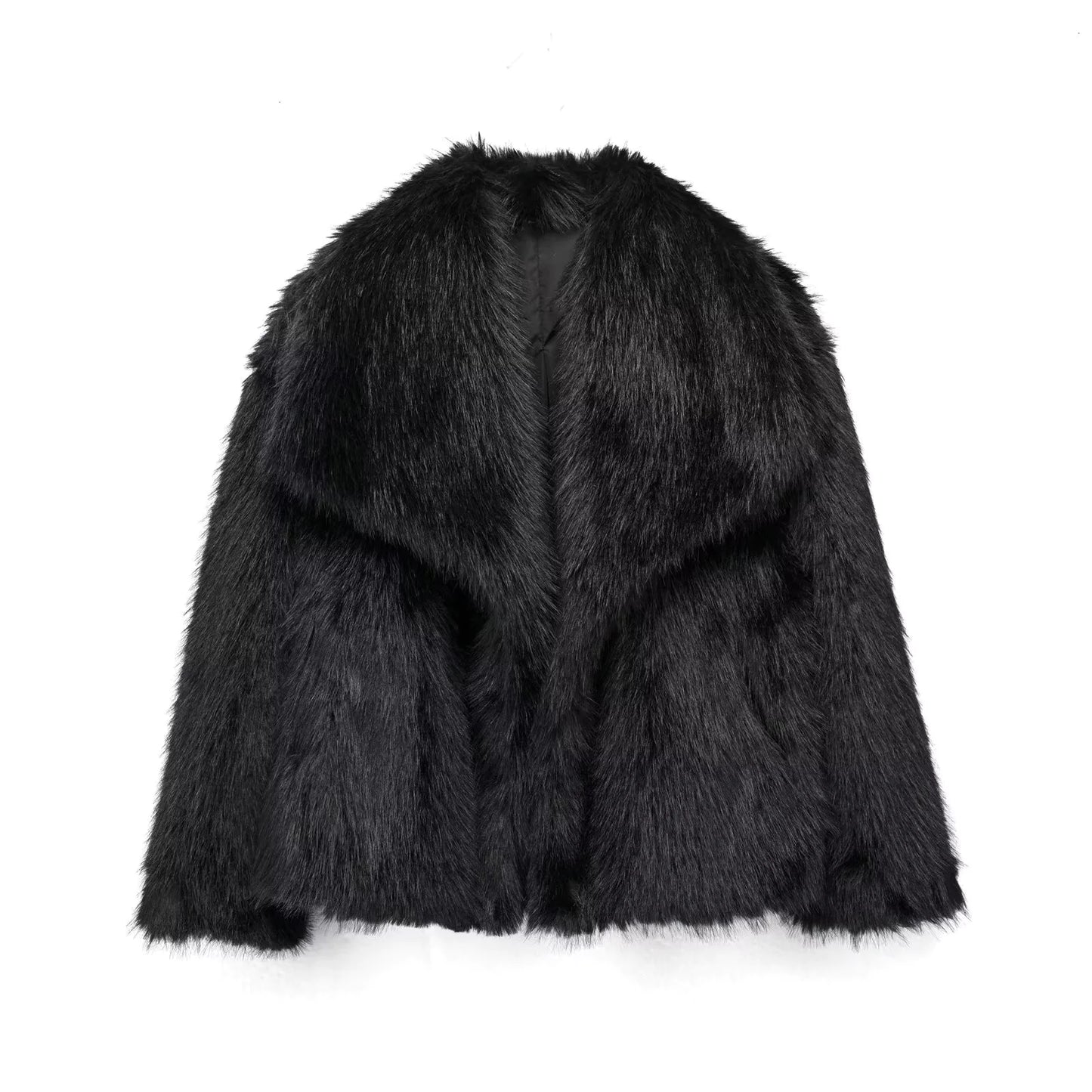 Women’s black faux fur coat with plush texture and wide collar