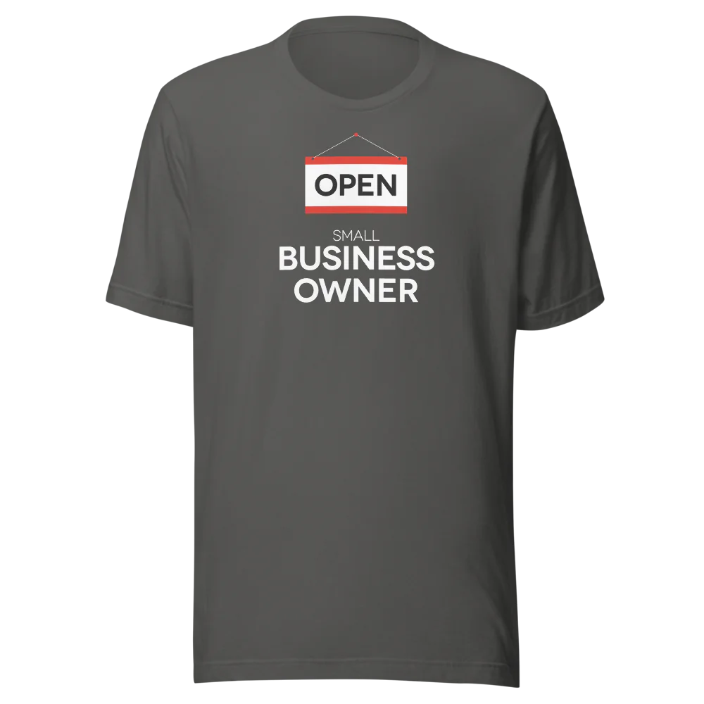 Front view of Dark gray heather open small business owner t-shirt