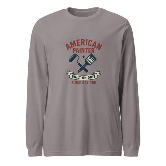 Gray long-sleeve shirt with 'American Painter' graphic on a white background