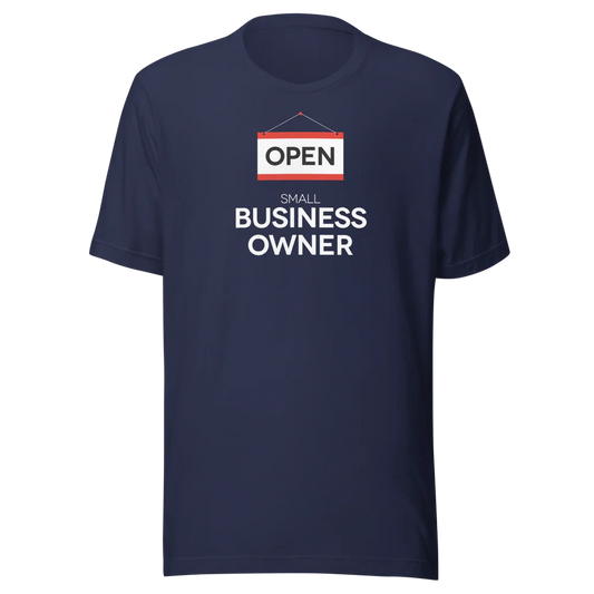 Navy small business owner t-shirt with open sign graphic