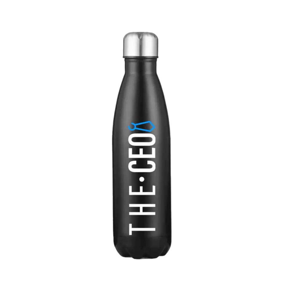 Black stainless steel water bottle with The CEO text design