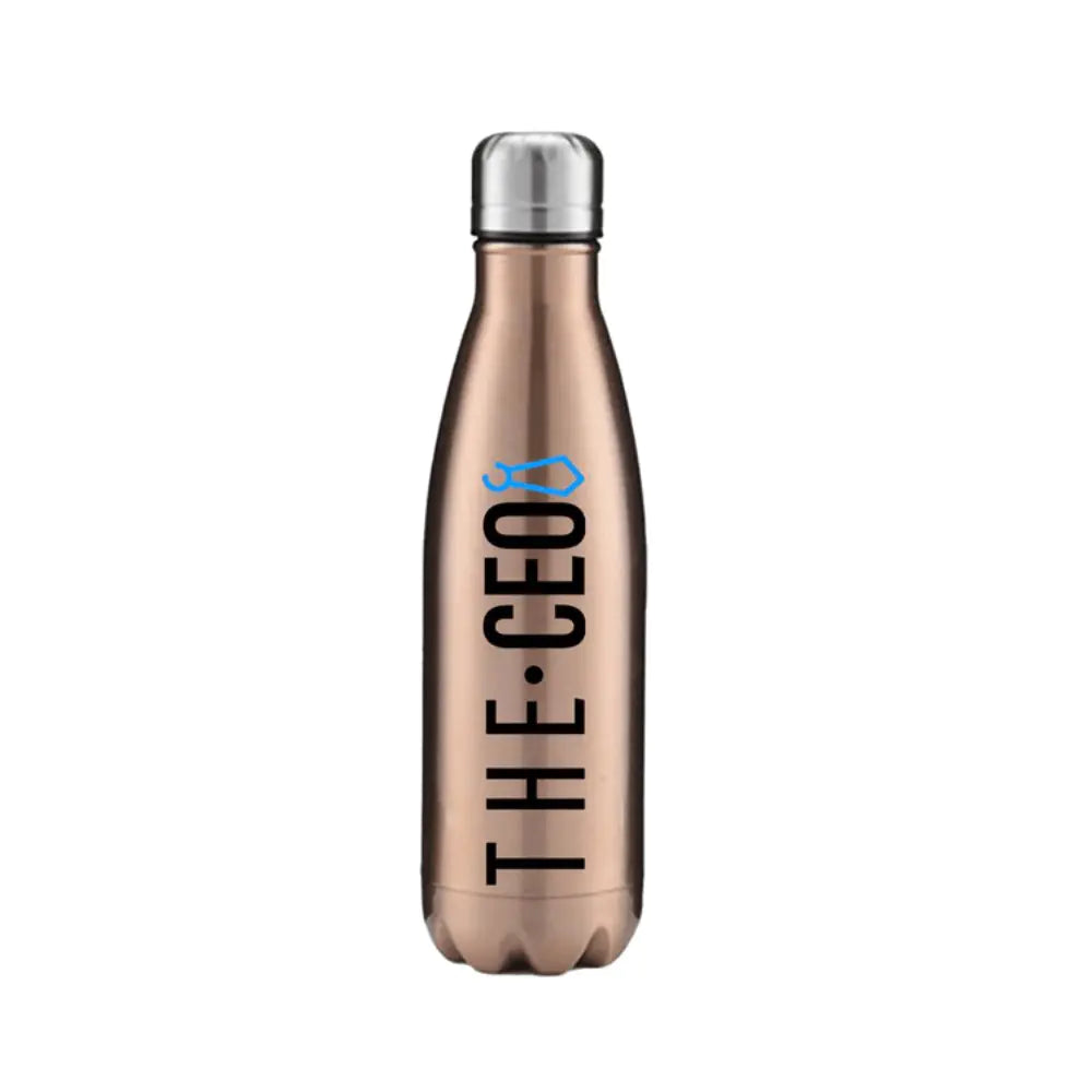 Rose gold stainless steel water bottle with The CEO text design