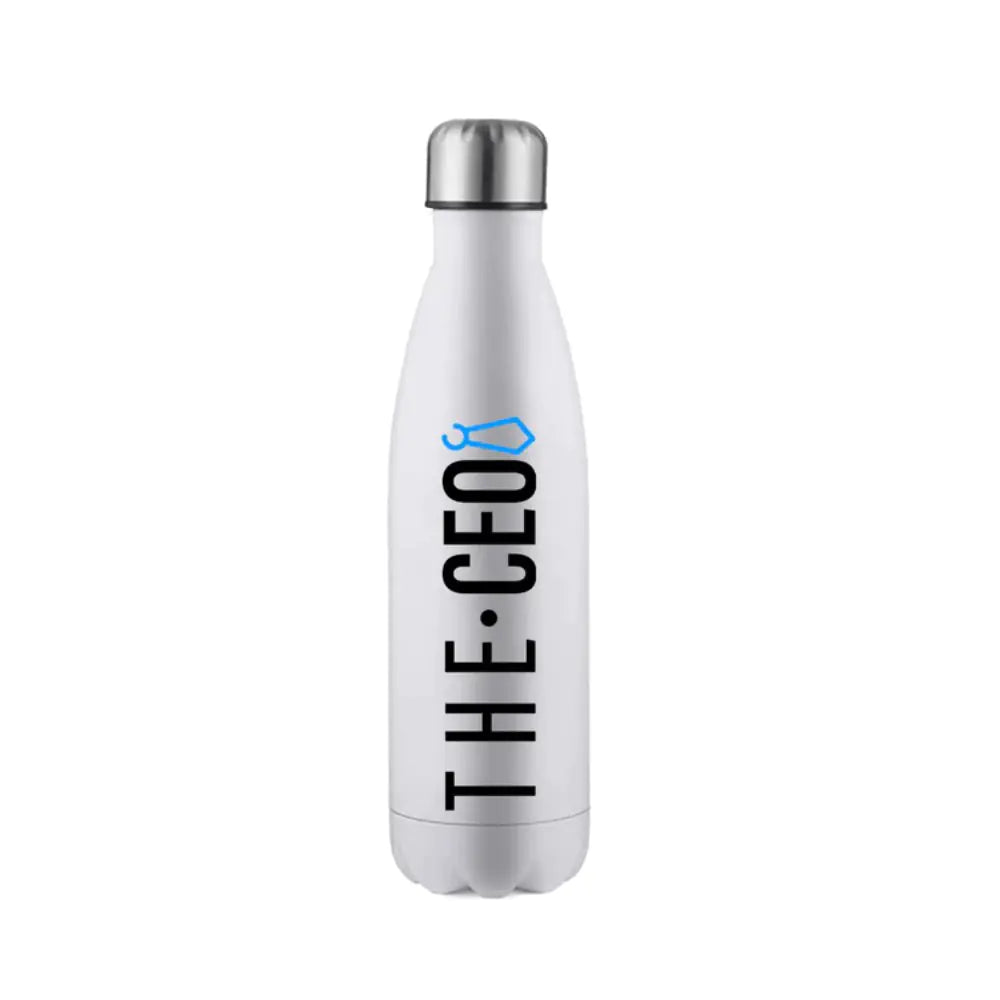 White stainless steel water bottle with The CEO text design